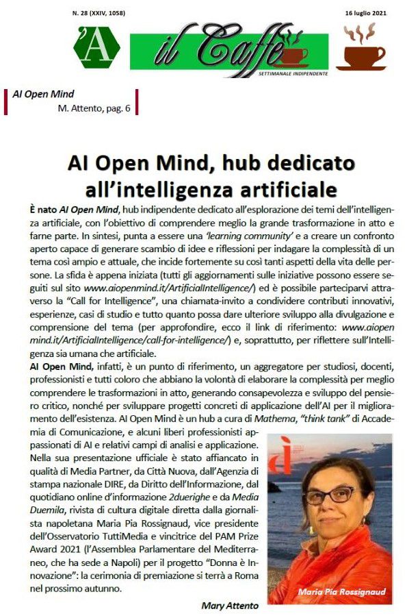 AI open mind, l'hub dedicato all'Intelligenza Artificiale -Il Caffè - 16 luglio 2021